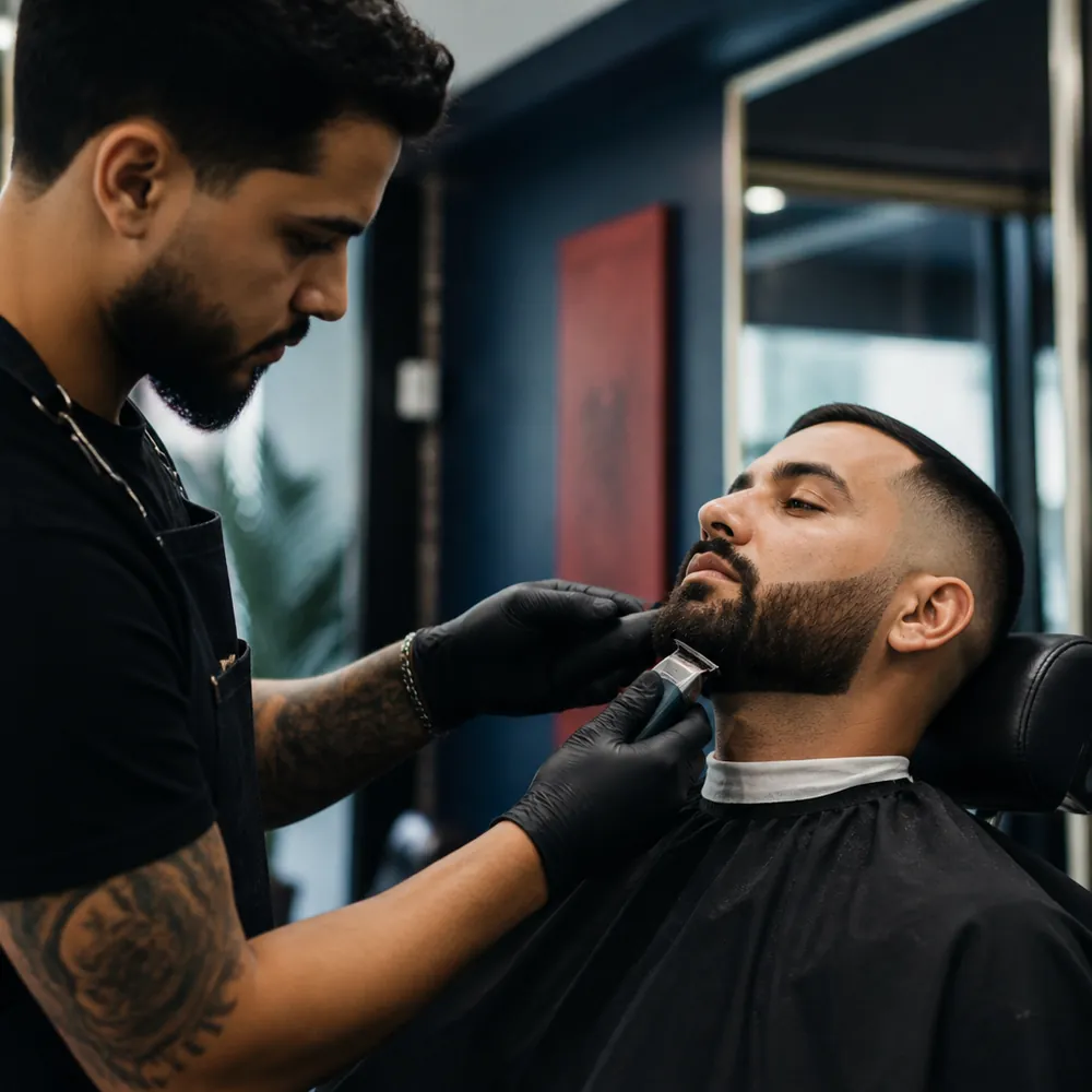 Illustrative scene of a barber carefully shaping a beard