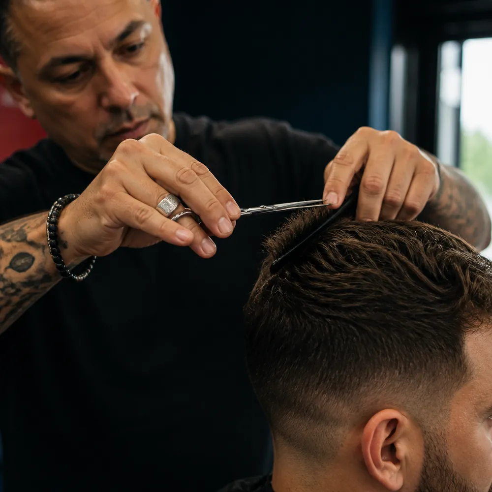 Representative scene of a barber using scissors to shape textured hair